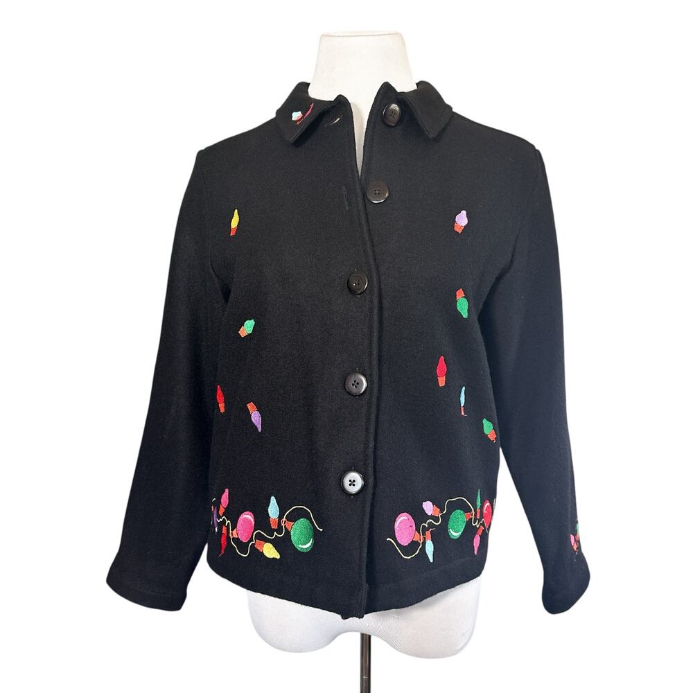 Breckenridge Vintage Christmas Lights Collared Button Jacket Black Petite Small